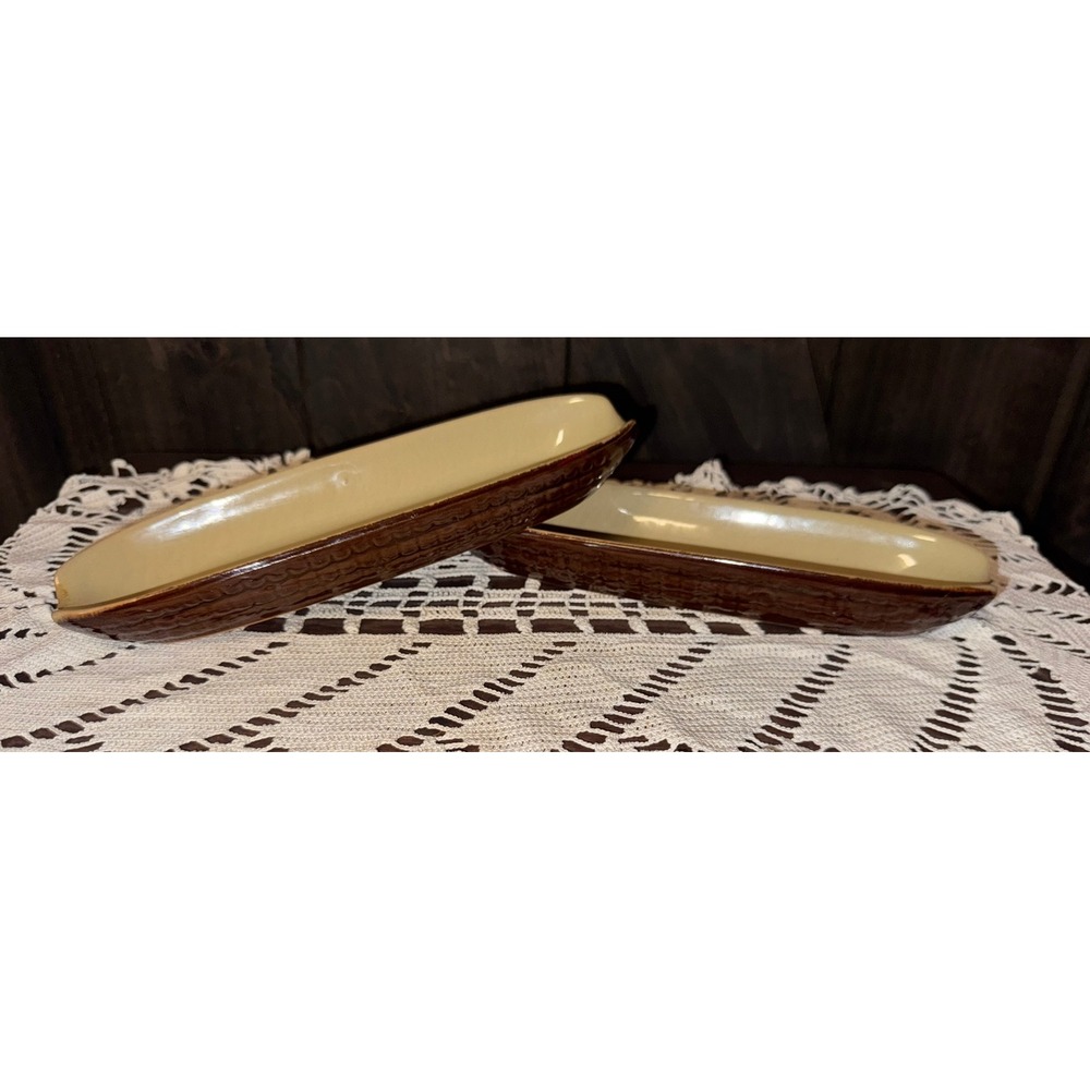 Vintage 1960s Ceramic Corn on the Cob Dishes Set of 2 Brown Husk Texture‎